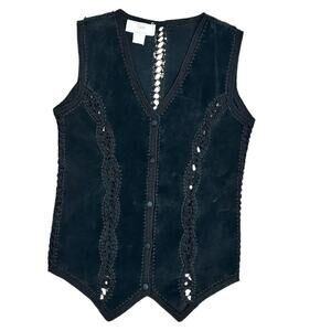 Vintage LISA International Suede Patchwork Vest with Crochet Trim